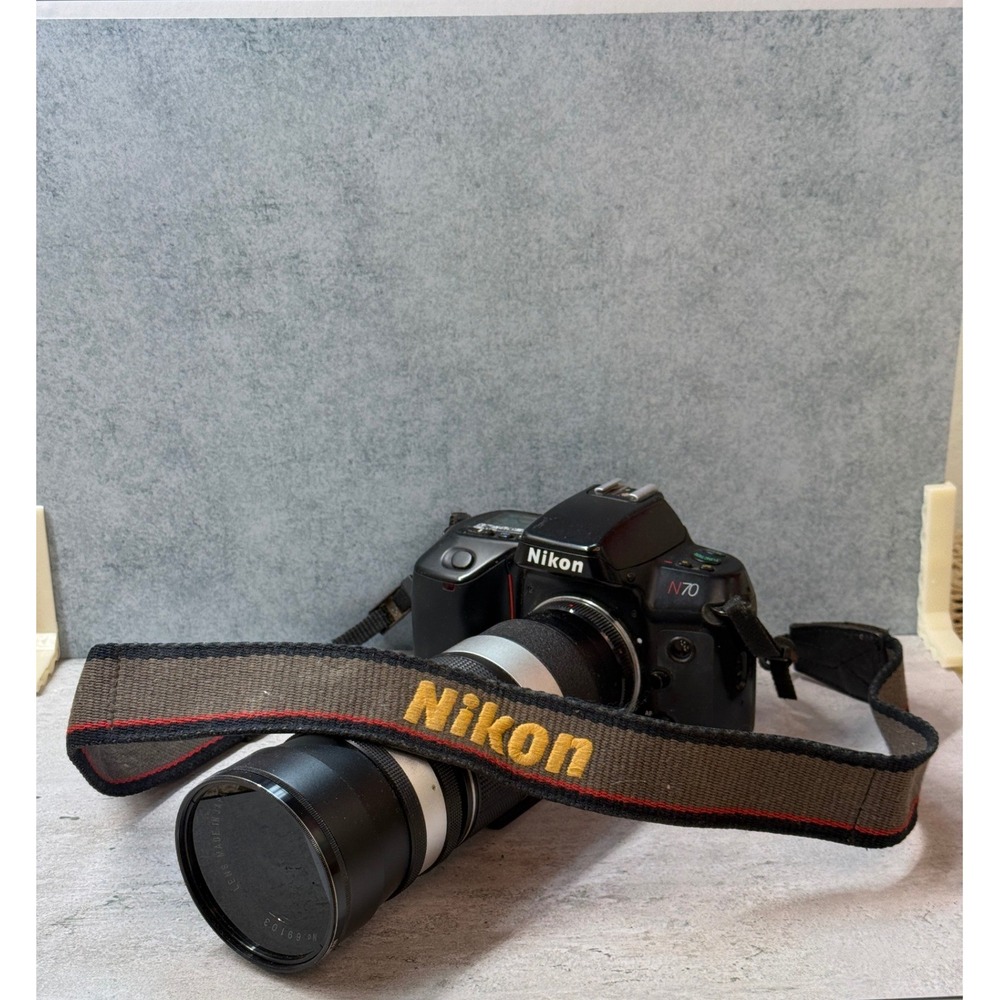 Nikon N70 SLR Film Camera with Vivitar 250mm 1:4.5 Lens Nikon Strap Black AS IS